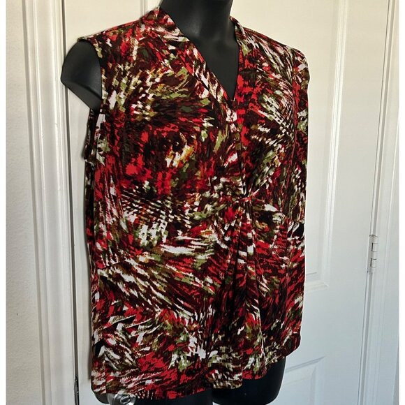 Jones Studio Womens Sleeveless V-Neck Top Size 14W Red/Black/Green Abstract Prin - Picture 2 of 9